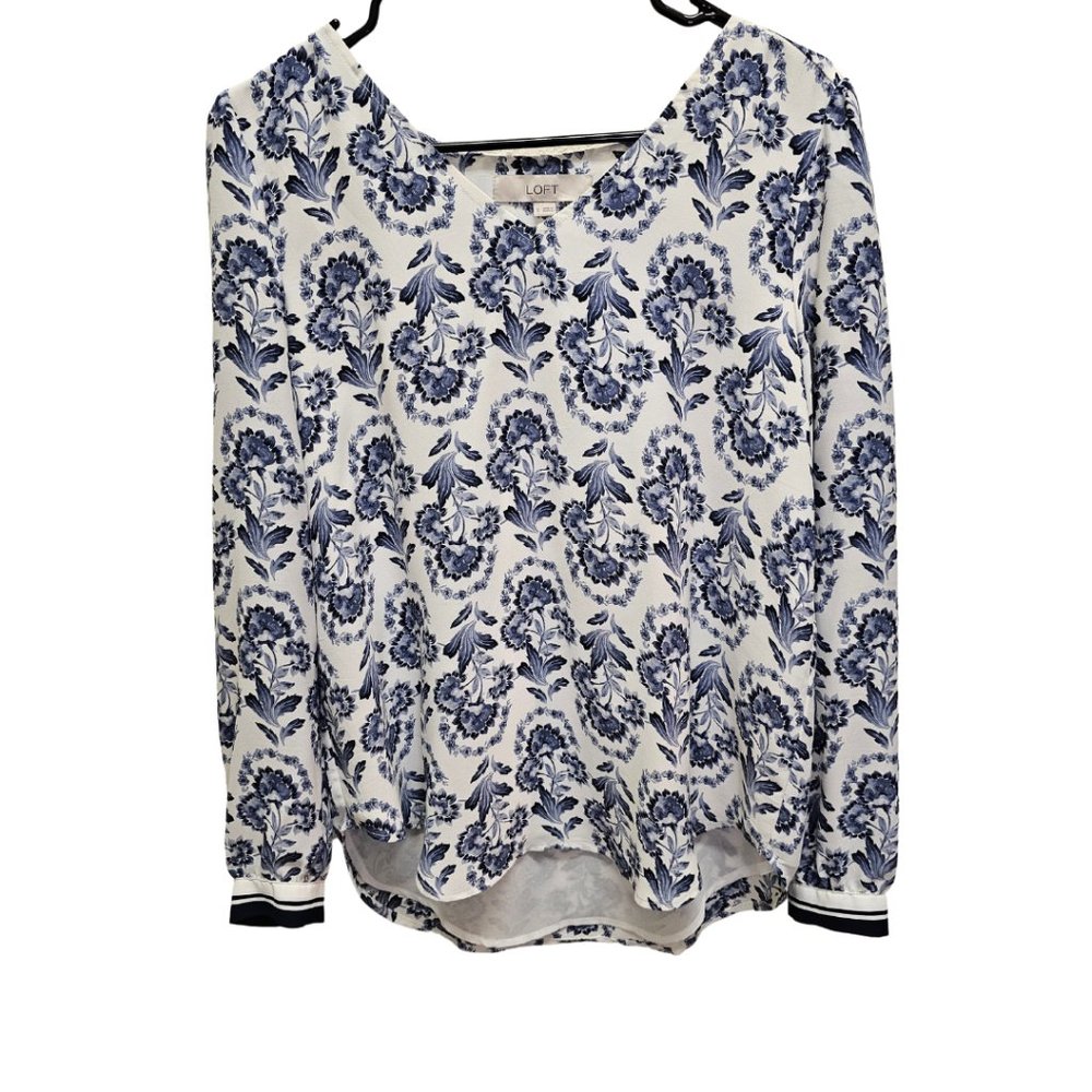 Loft Blue and White Floral Print Long Sleeve Blouse